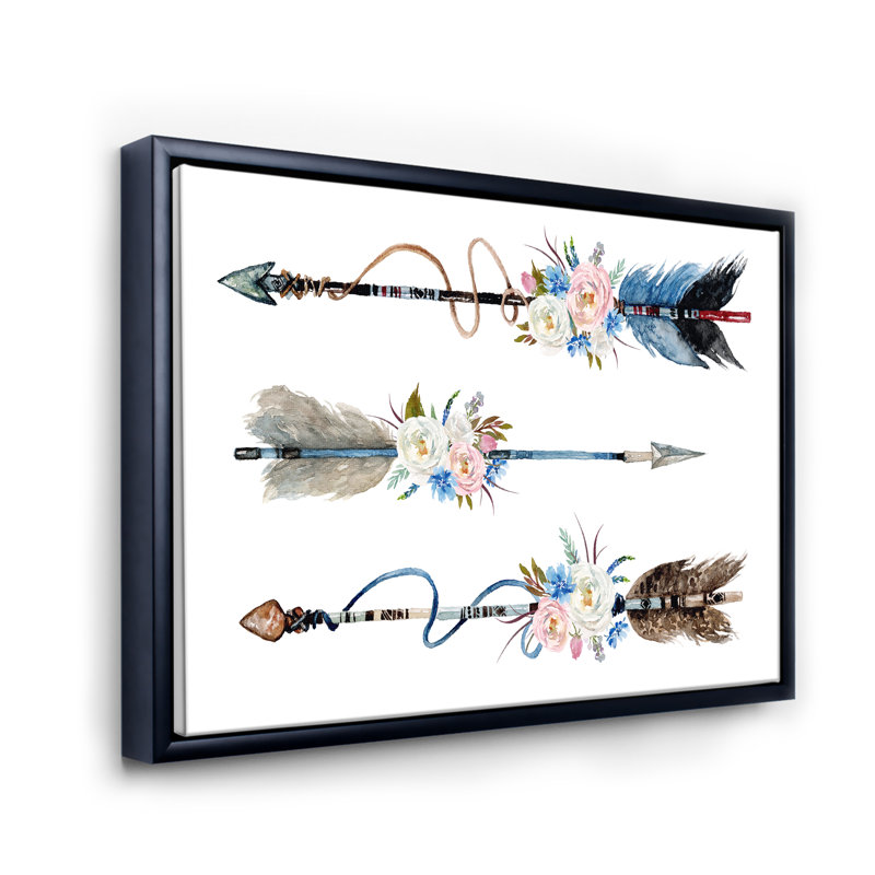 Plumes et fleurs sur des flèches indigènes - Peinture sur toile, H 16 po x l 32 po x p 1 po, Cadre flottant noir