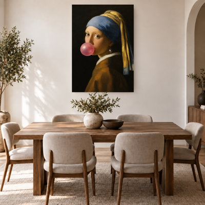 Classic Girl with Pearl Earring Pink Bubblegum Canvas Wall Art
