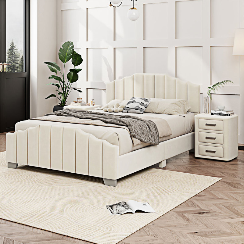 Lit plateforme tapissier en velours, Beige, Double