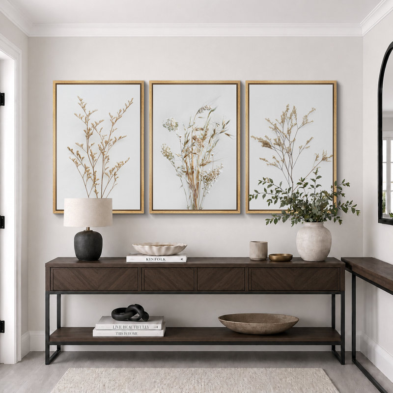 Minimal Botanical «Neutral Wildflowers Floral Art, Simple Organic Modern Wall Images, Large Encadré, Impression Giclée sur Toile, 3 pièces, ensemble de 16 x 24 x 3, 24 x 36 x 3