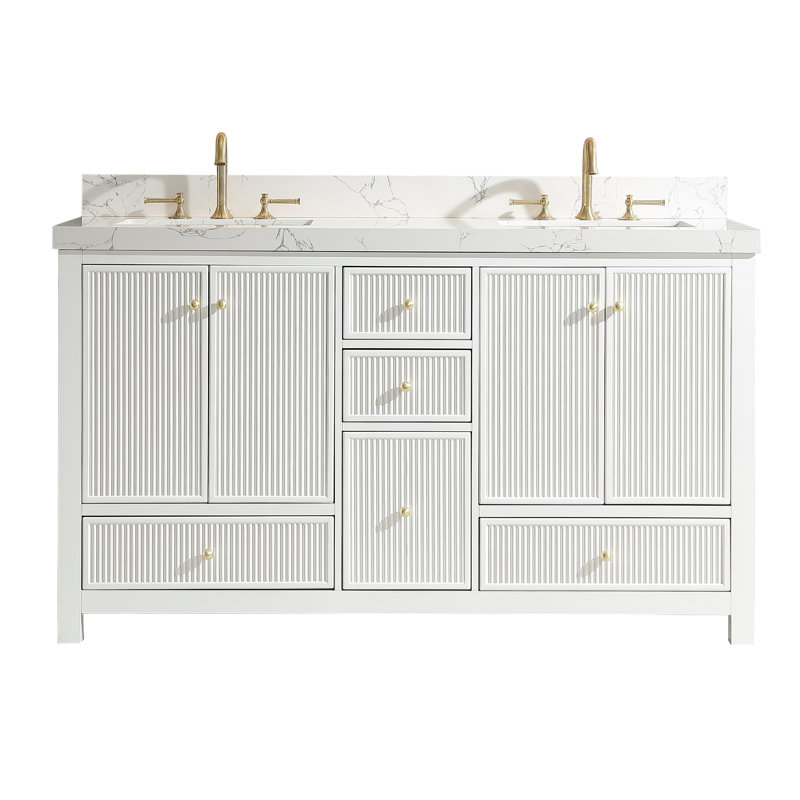 Meuble-lavabo 60 po en chêne massif avec plateau en marbre de culture, 4 portes à fermeture en douceur et 5 tiroirs, lavabo encastré, finition blanche