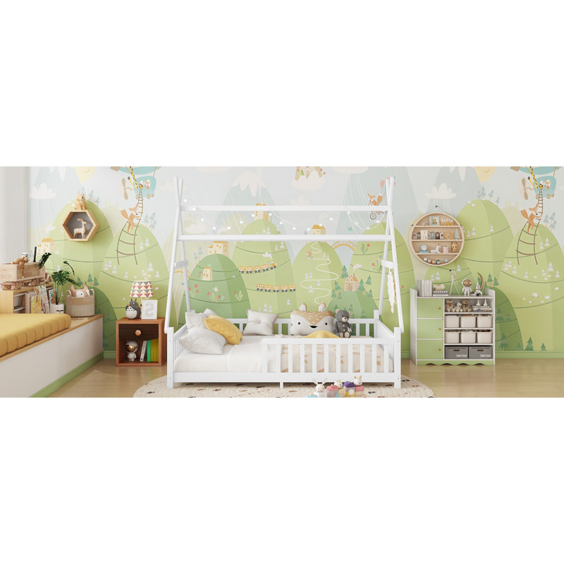 Lit double avec lumière, lit surélevé avec clôture et toit pour enfants, filles (blanc), Lit double, Blanc