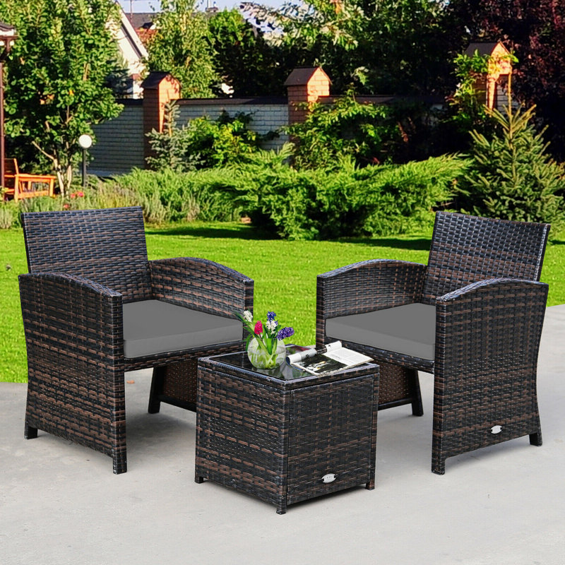 Ensemble de conversation en osier / rotin pour 2 personnes avec coussins, Gris