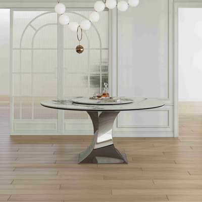 Round Sintered Stone Dining Table Set With Stainless Steel Titanium Hourglass Base – Modern Luxury Marble-Look Kitchen Table For 4-6, Scratch & Heat R