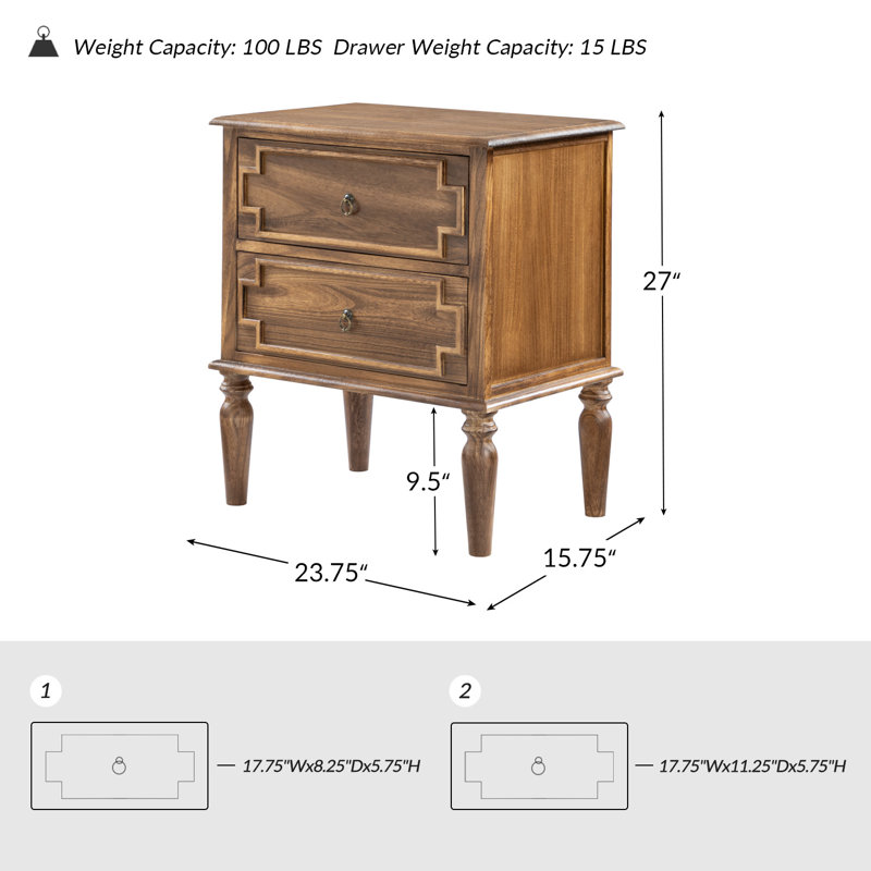 Table de chevet rectangulaire en bois massif à 2 tiroirs Timar, Noyer