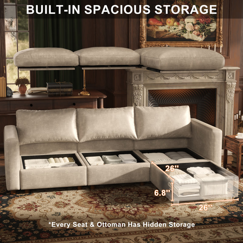 99" Leather Upholstered Sectional Sofa with Hidden Storage, BEIGE, 3Seaters-L
