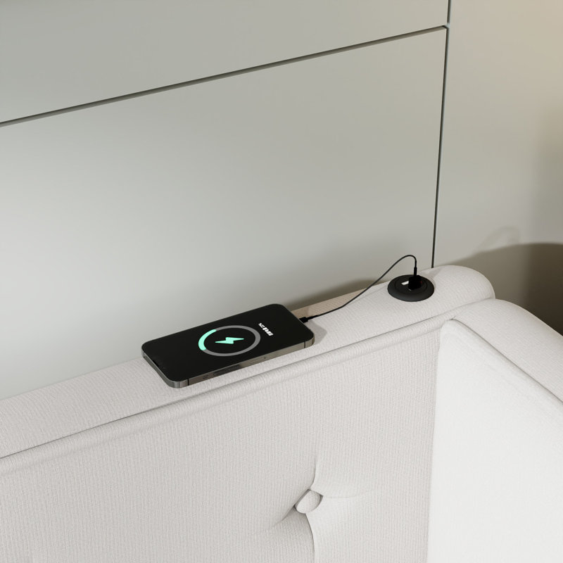 Lit plateforme tapissier avec ports USB, Bleu, Double XL