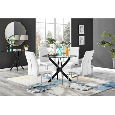 Tierra Sleek Metal and Glass 4 Seat Round Dining Table Set with 4 Luxury Faux Leather Dining Chairs