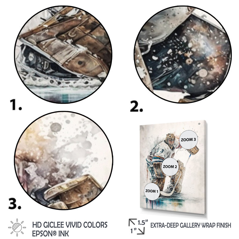 Hockey Gardien pendant le jeu VI - Peinture sur toile, H 20 po x l 12 po x P 1 po, Toile tendue