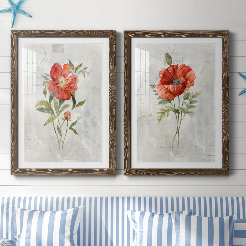 Lin pivoine - ensemble de 2 reproductions d'art, H 31,5 po x l 47 po x P 1,5 po, Papier, cadre noyer, Blanc
