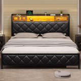 King size headboard and charging station, Platform bed frame with LED lights, Sturdy and stable, No noise, No box spring required, Easy to assemble, Black