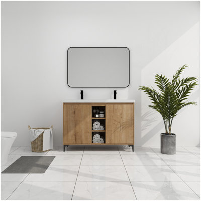 48" Freestanding Bathroom Vanity With Double Sink, Soft Closing Door Hinge (KD-Package)-BVB07148IMOX-GRB4840D