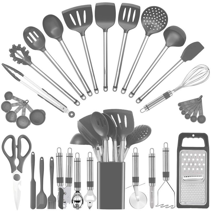 Gray Silicone and Stainless Steel 33-Piece Kitchen Utensil Set