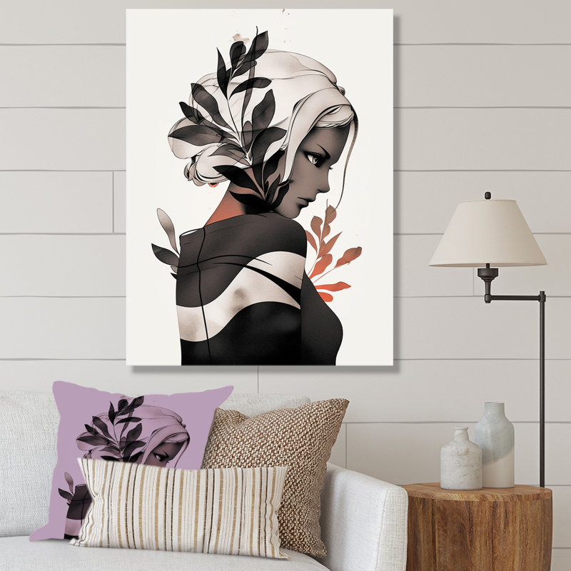Dessin de femme tropicale, dessin I, H 40 po x l 30 po x P 1,5 po, Cadre doré simple