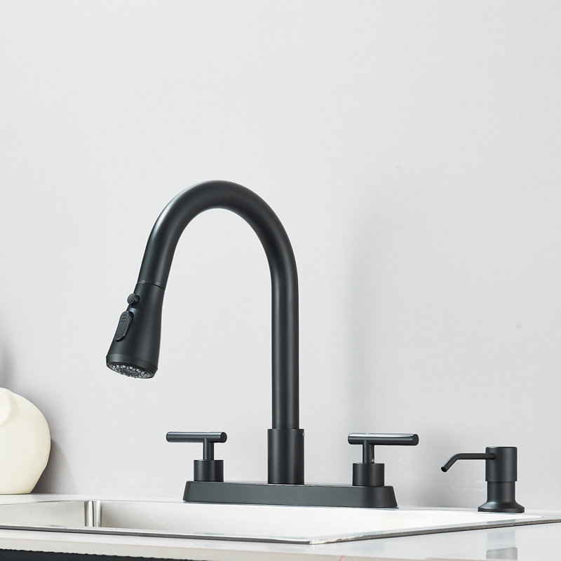 Robinet de cuisine noir mat avec distributeur de savon, robinet coulissant à 2 poignées de 8 pouces, robinet d'évier moderne à grande arche pour éviers à 3 ou 4 trous