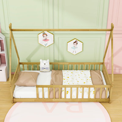 Twin Wooden Tent-Shaped Teepee Floor Bed