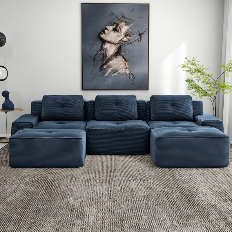 Canapé modulaire en forme de U de 117 po pour salon, tissu velours côtelé 117 po, Bleu
