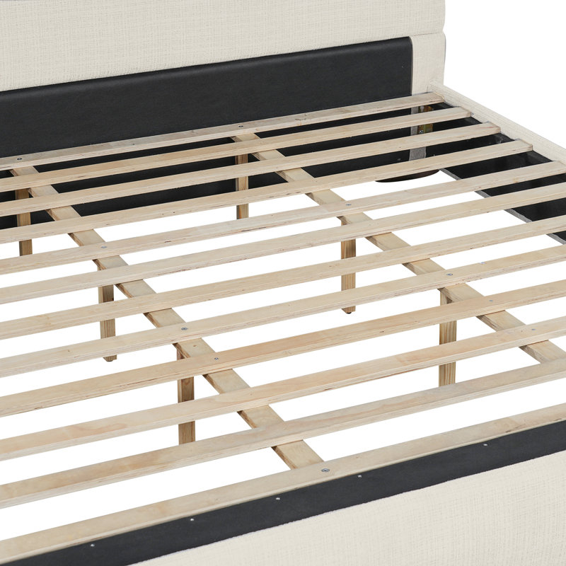 Upholstered Platform Bed Frame, King, White/Brown