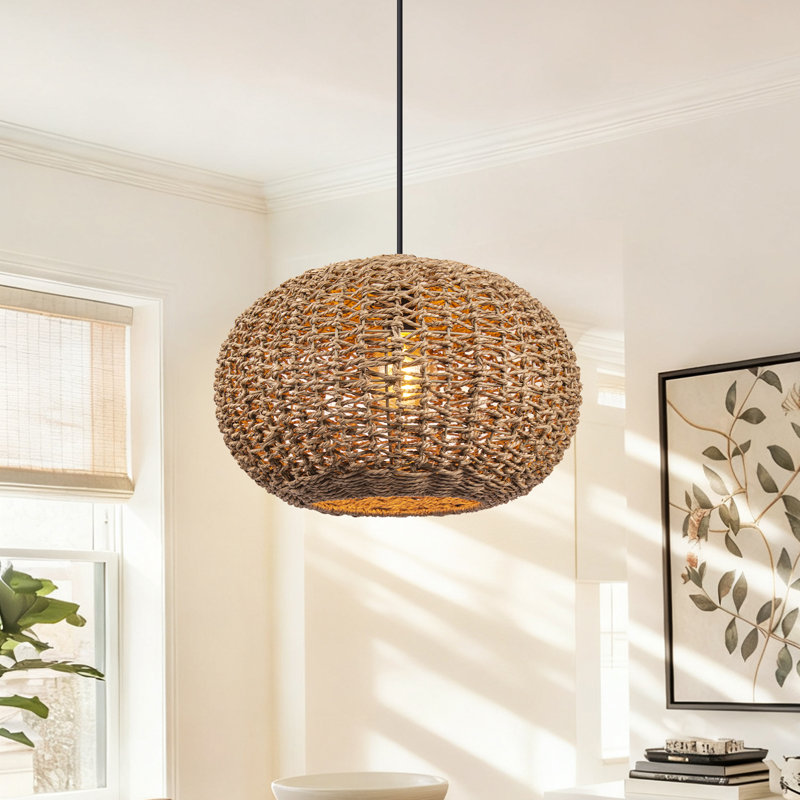 Coastal Style Rattan Pendant Lamp for Kitchen Island, 11.02" H x 15.75" W x 15.75" D