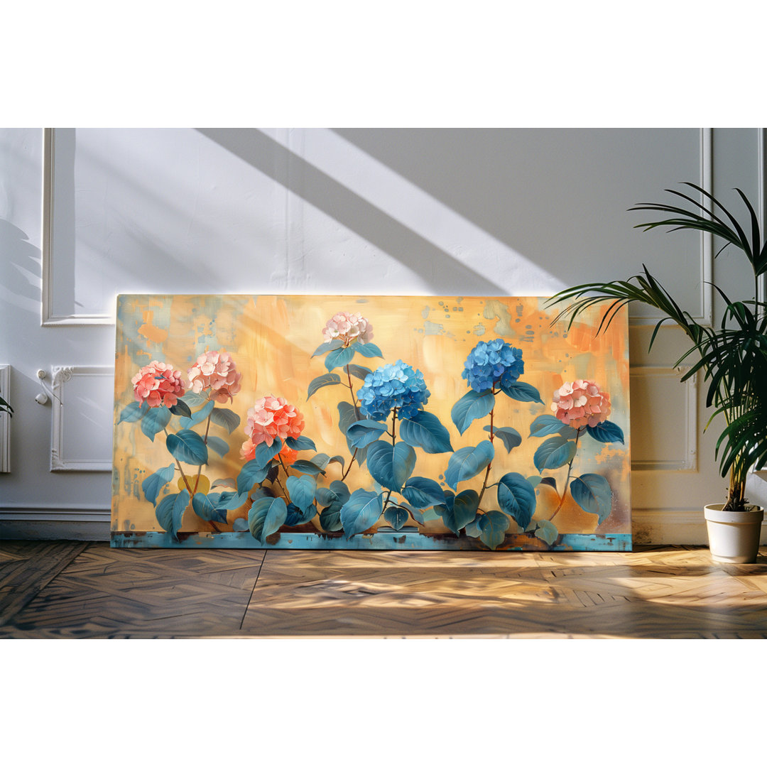 Wandbild 120x60cm Blumen Blüten Rot Blau Pastelltöne Kunstvoll