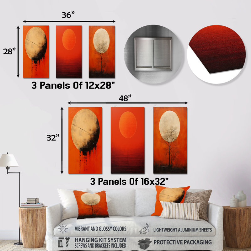 Persimmon Presence Moon - lune, ensemble de 3 reproductions d'art mural en métal, H 32 po x l 48 po