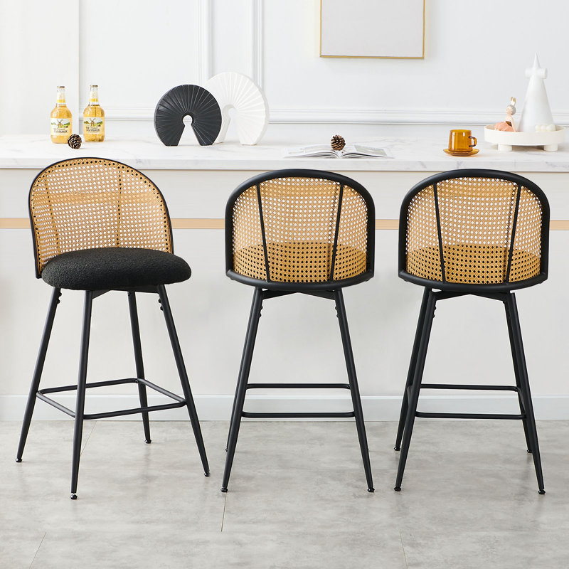 361° Swivel Upholstered Rattan Counter Height Bar Stool, Black/Natural, Noir