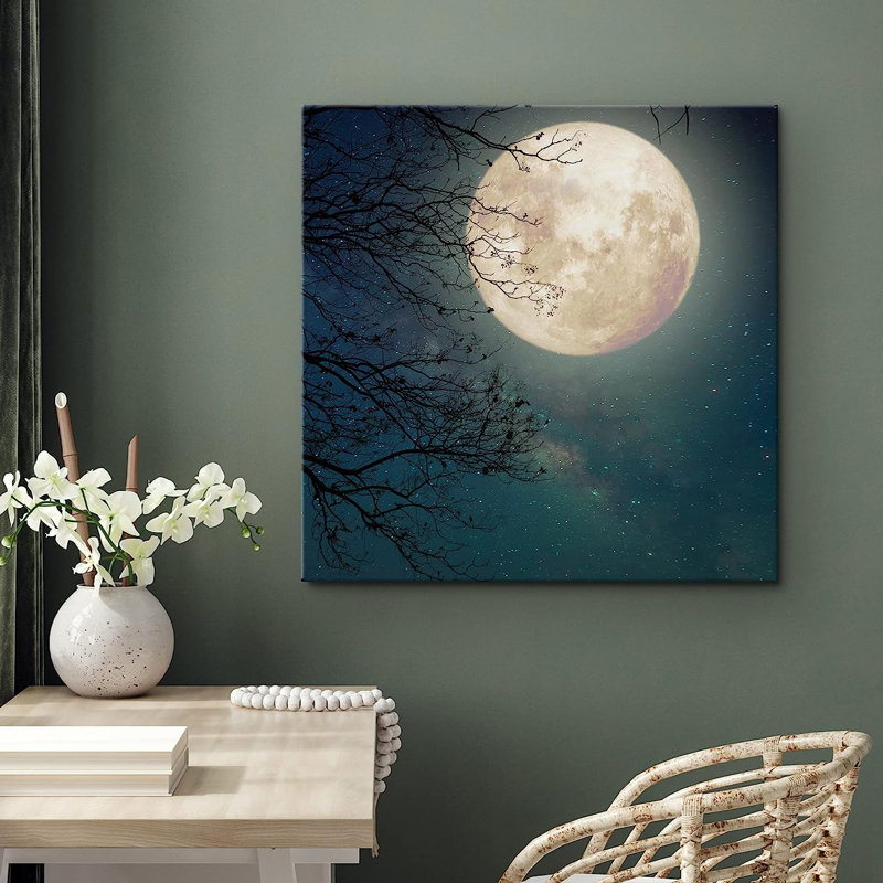 Pleine lune et étoiles sur une reproduction sur toile, H 12 po x l 12 po x P 1,5 po