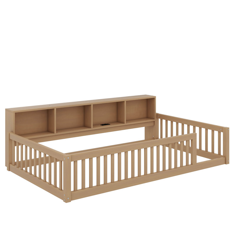 Twin XL Size Floor Bed With Cabinets And USB Ports, Brown