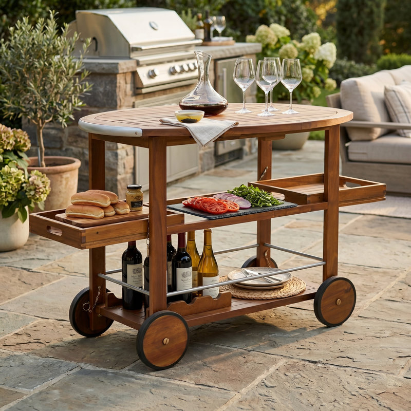 Chariot-bar en bois 35,5 "avec plateau rabattable et roulettes verrouillables, chêne et argent