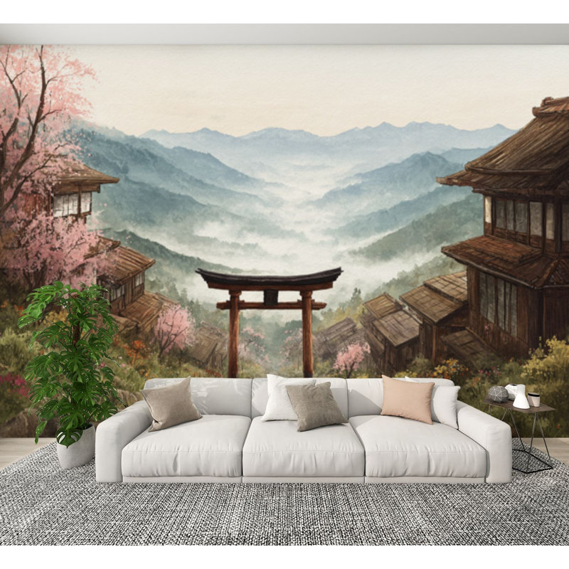 Papier peint adhésif peler et coller Serene Japanese Mountain Village, 144" L x 100" W