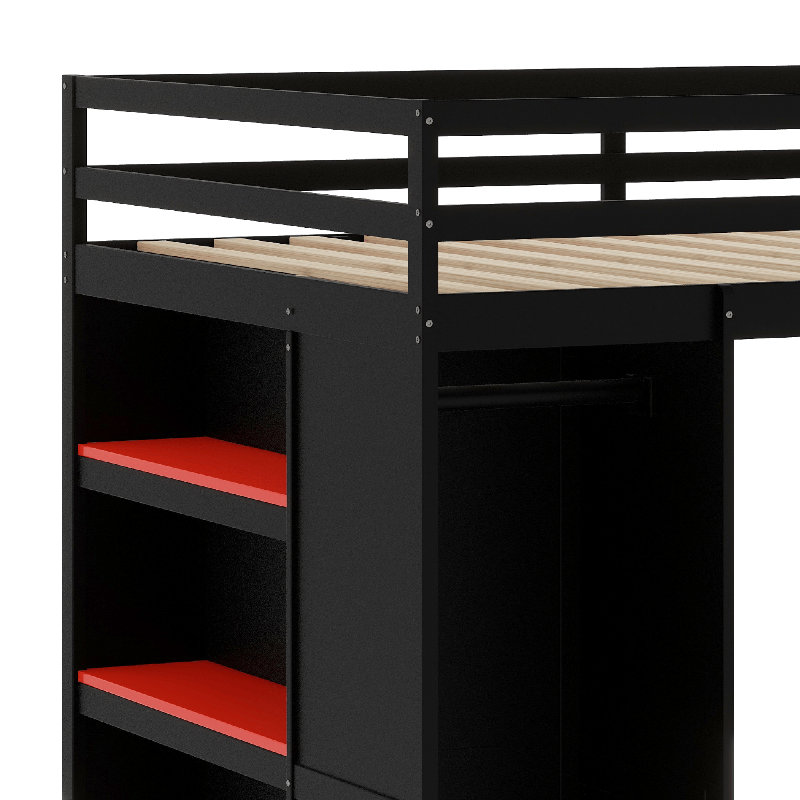 Lit mezzanine en bois, Noir / Rouge
