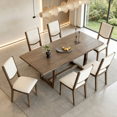 7-Piece 78" Extendable Trestle Dining Set with 6 Upholstered Chairs, Solid Wood Farmhouse Kitchen Table Set