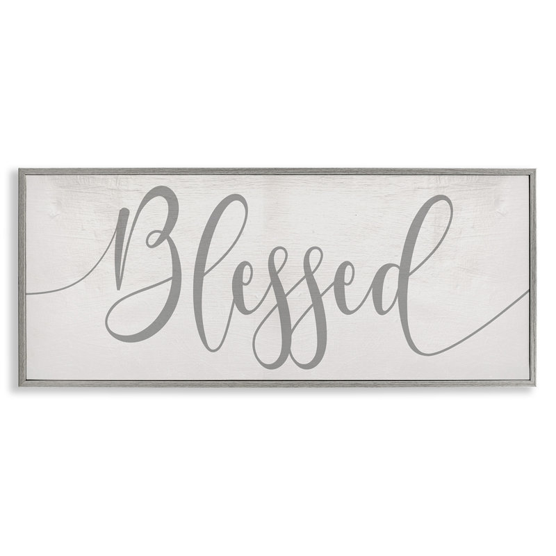 Gray and White Blessed Typography Canvas Print with Wood Frame