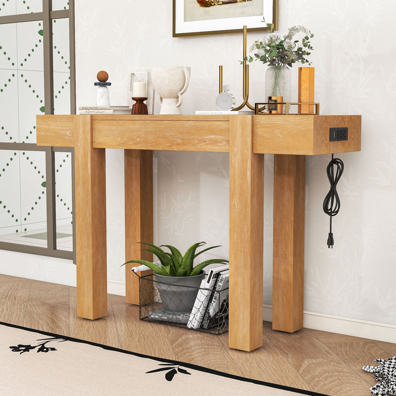 Farmhouse-Contemporary Wood Entryway Table with Charging Ports, Hidden Storage Drawer, Natural