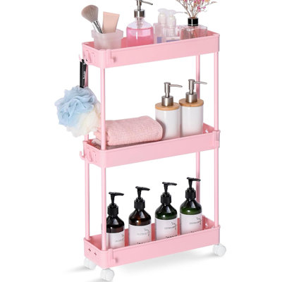 3-Tier Slim Rolling Storage Cart With Hooks, Space-Saving Utility Cart On Wheels, Mobile Shelving Unit For Bathroom, Kitchen, Laundry, Dorm, Nursery, Craft And Office Organization
