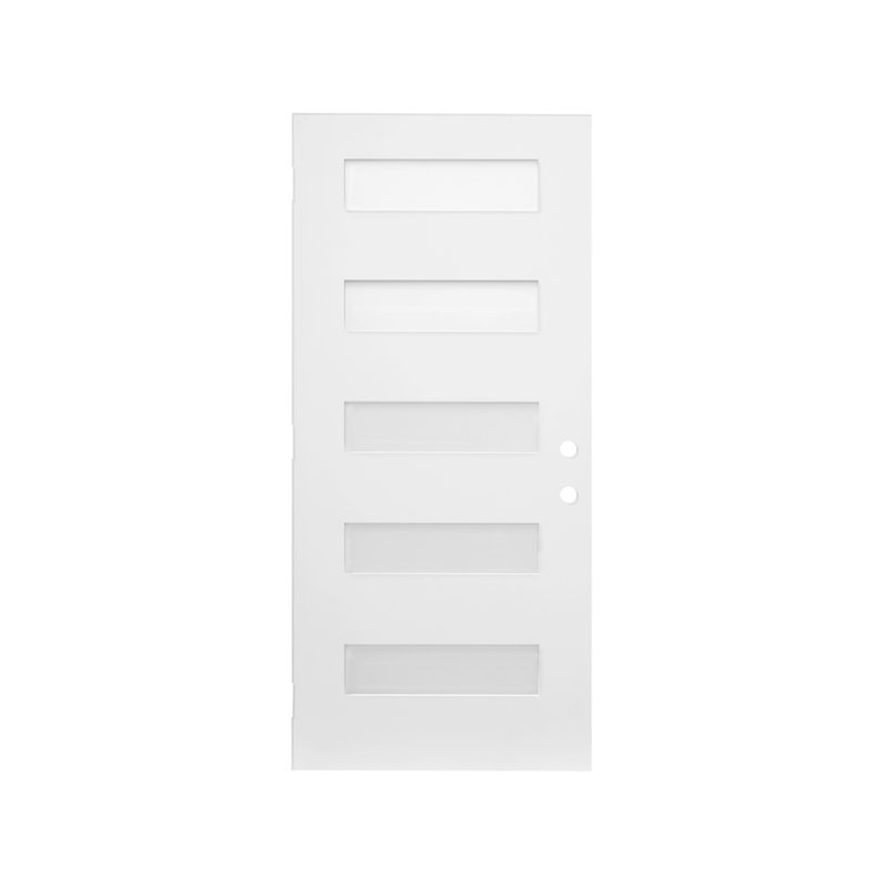 Dalle de porte d'entrée contemporaine en fibre de verre à 5 verres 36 "x 80" avec verre givré 36 po x 80 po, côté gauche, blanc, dalle seulement