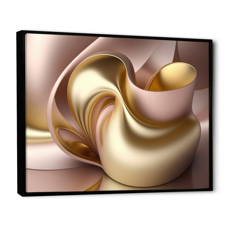 Minimal liquide or et vagues taupe VI - reproduction sur toile, L 32 po x H 16 po, Cadre flottant noir