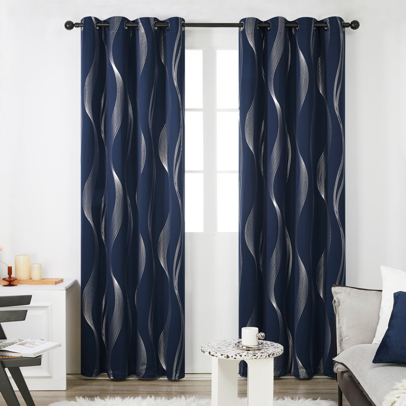 Spurgh Sliver Wave Foil Print Blackout Thermal Grommet Curtain Panels (Set of 2), 52" W x 95" L, Orange Flame