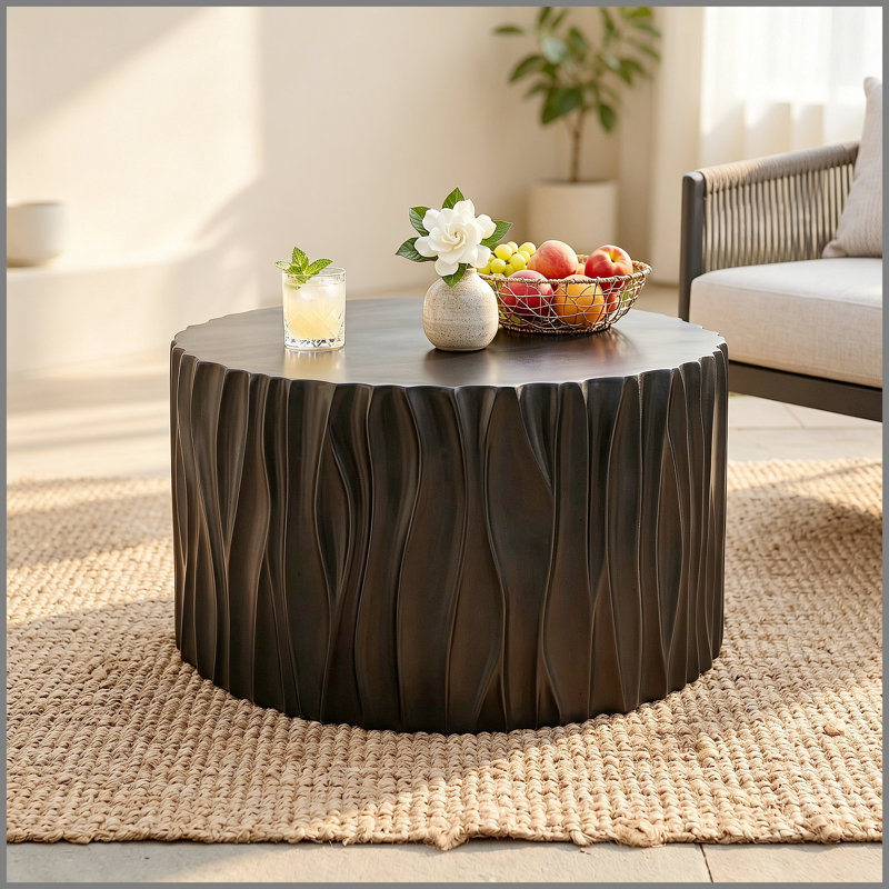 Table basse d'extérieur blanche moderne avec motif cannelé ondulé - ronde de 26,77 po, H 14,76 po, matériau MGO, capacité de 66 lb, sans assemblage pour patio, jardin ou balcon