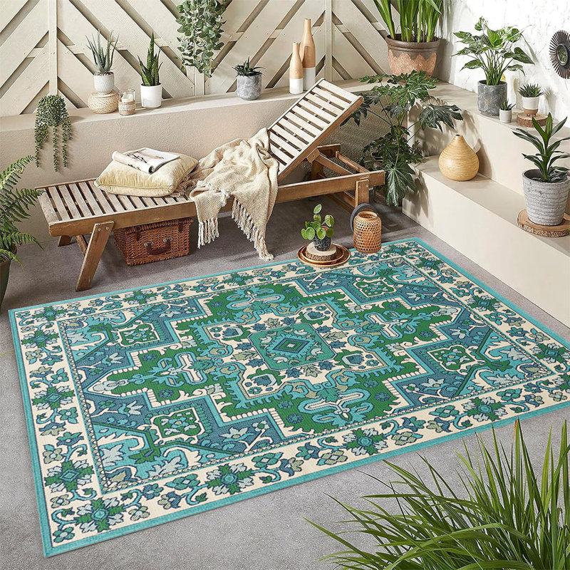 Magnifiques tapis d'intérieur et d'extérieur à motif floral rétro vert et ivoire