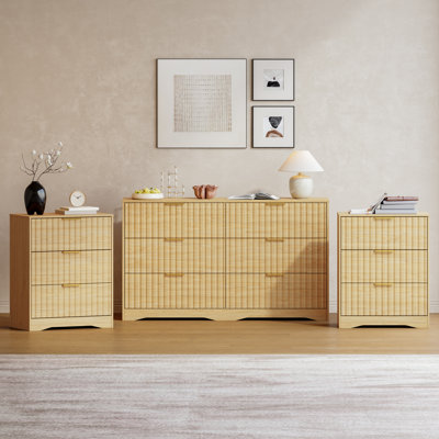 Ensemble de chambre à coucher 3 pièces avec commode à 6 tiroirs et ensemble de 2 tables de chevet