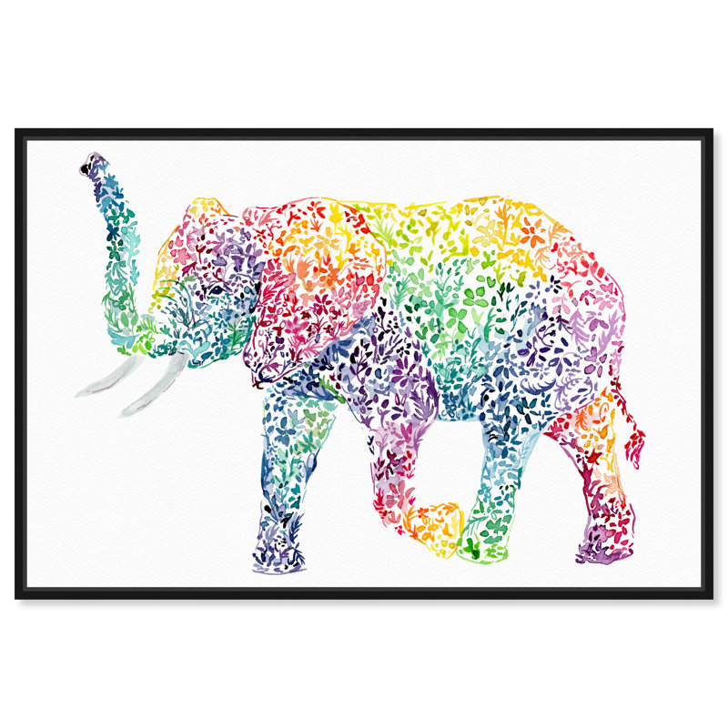 Éléphant floral - Impression sur toile, Toile avec cadre noir, H 24 po x l 36 po x 1,5 po