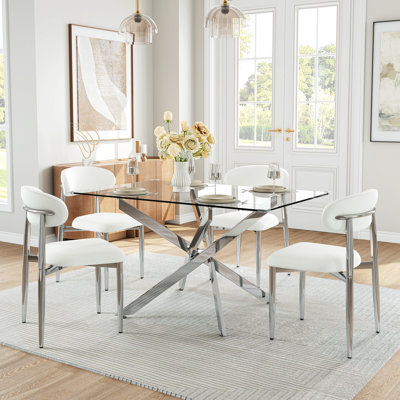 Ralph 50" Dining Table Set For 4, Tempered Glass Table With Stainless Steel Cross Legs And 4 Upholstered Chairs
