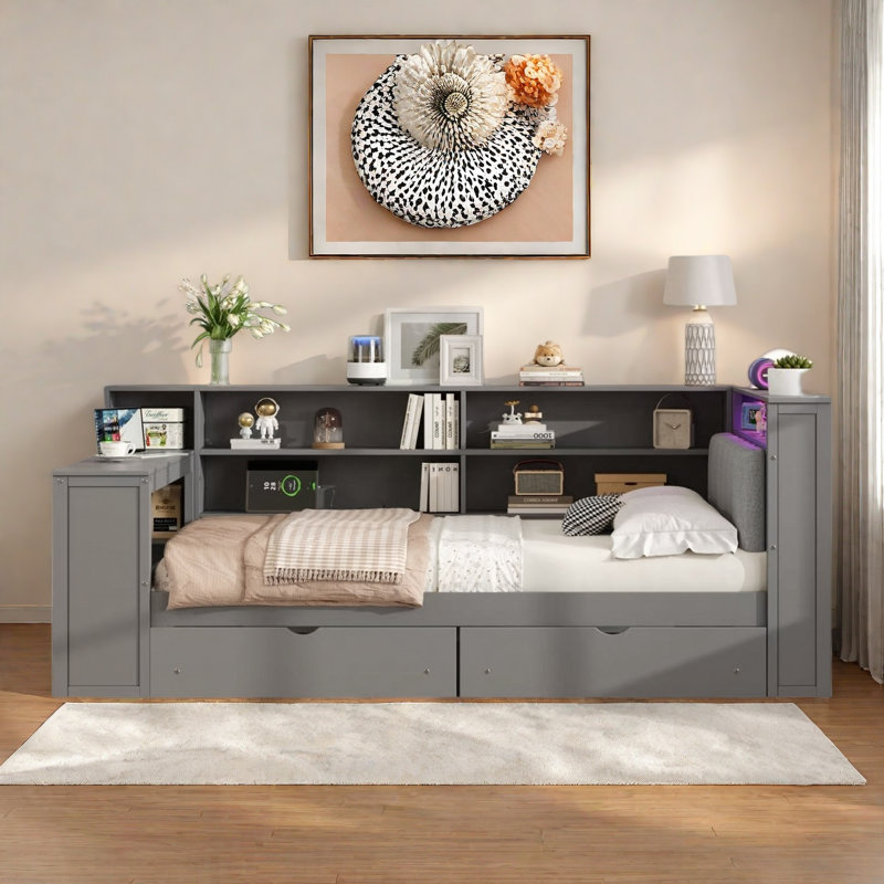 Lit de jour en bois avec tablettes de rangement, 2 tiroirs, station de charge, DEL, bureau et tête de lit tapissier, Gris
