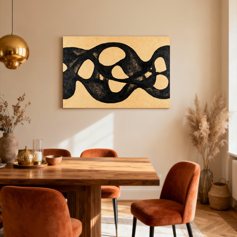 Ensemble de 1 tableau sur toile tendue à motif de vagues abstraites à l'encre noire, H 20 po x l 30 po