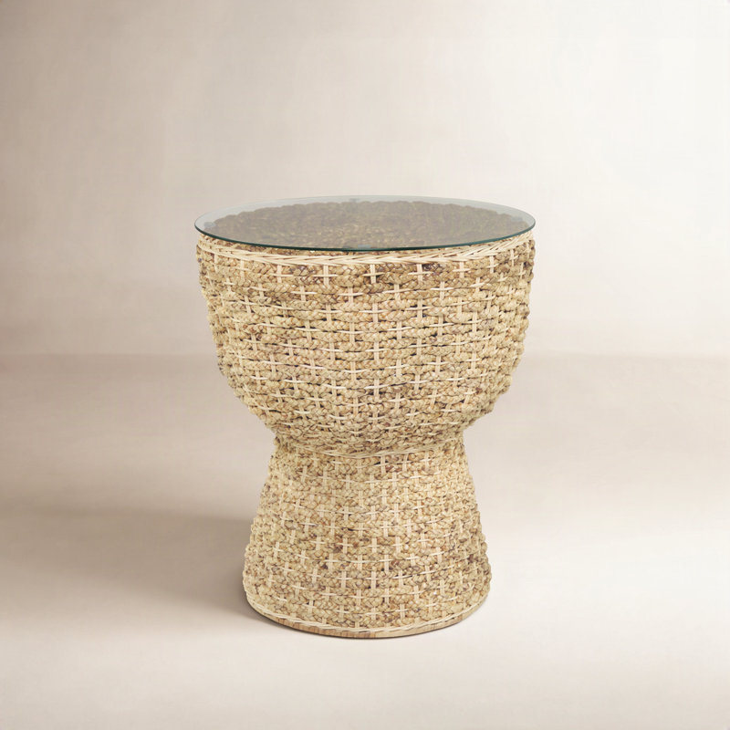 Table d'appoint avec plateau en verre tissé à la main Brown Seagrass