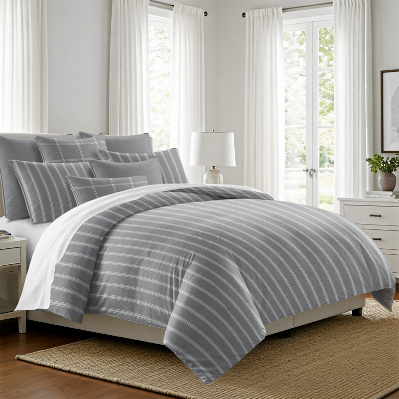 Shay Broad Ticking Stripe Gray Cotton Coverlet Set  8 Piece, Super King Coverlet + 7 Additional Pieces