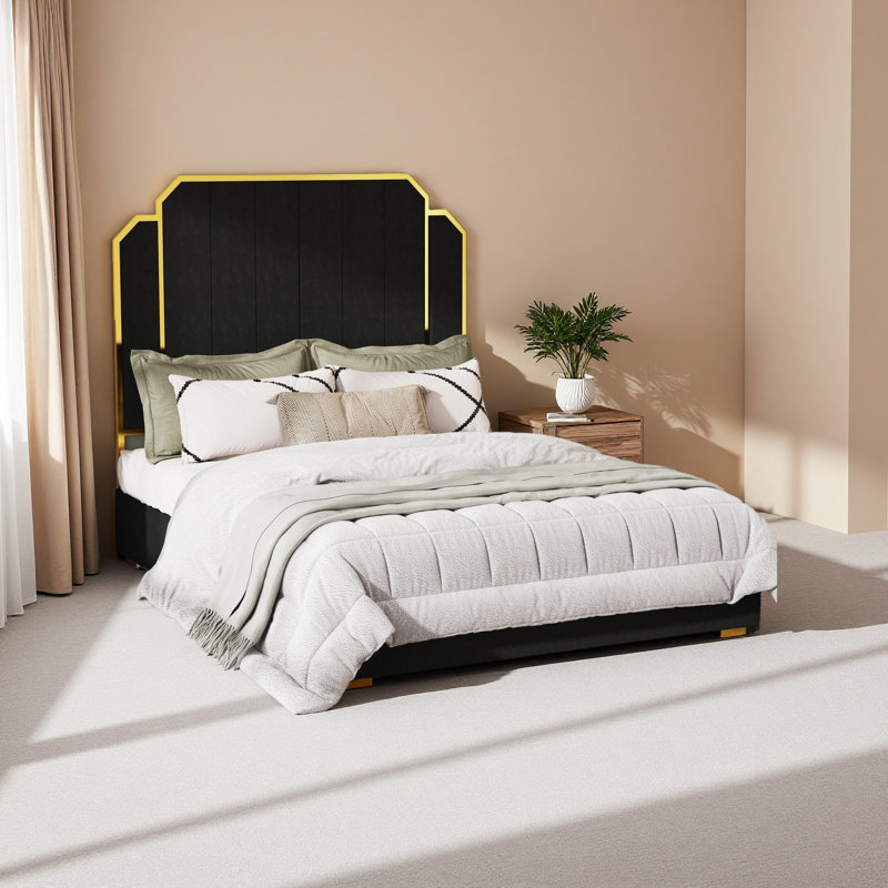 Structure de lit grand et tête de lit 59,06 po, lit tapissier avec bordure dorée, lit plateforme moderne sans sommier, Black
