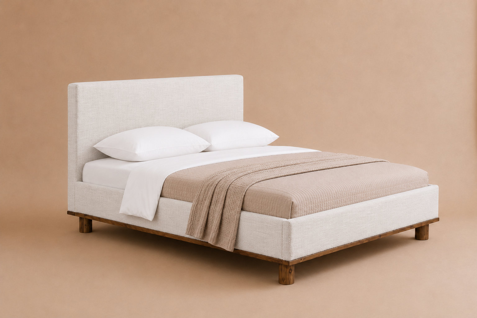 Linen Upholstered Platform Bed, Queen, White Linen