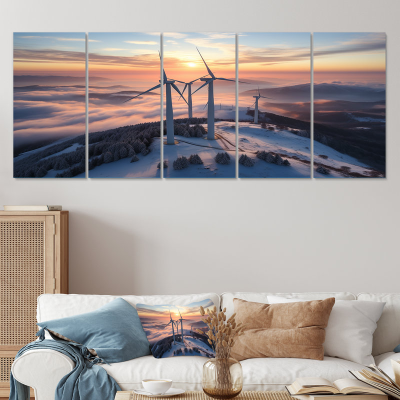 «Sunset Wind Turbines Mountain View IV - Wind Turbines», art mural 5 pièces, H 28 po x l 60 po